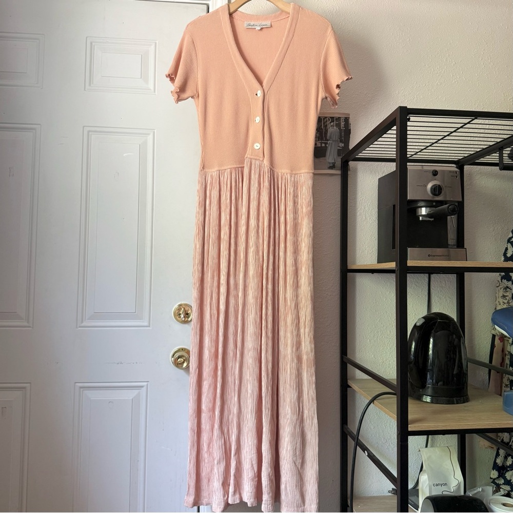 BARBARA LESSER peach pink‎ vintage waffle thermal mixed media maxi dress